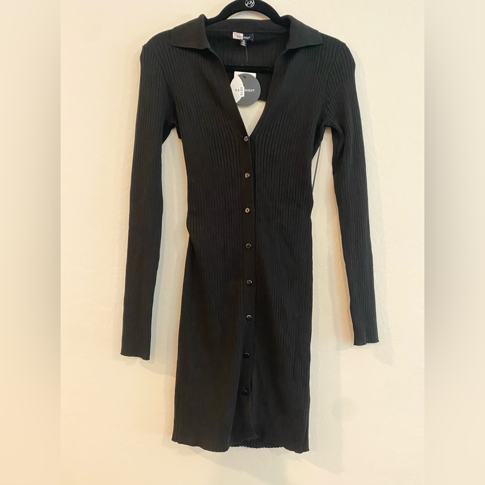 Black Ribbed Button-Down Dress